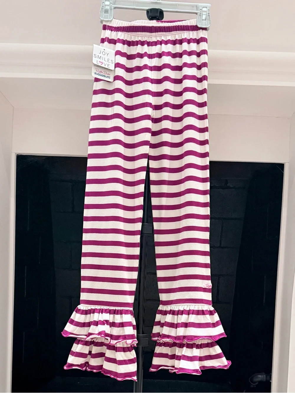 Ruffle Butts Pink and White Striped Ruffle Hem Pants- Girls 8